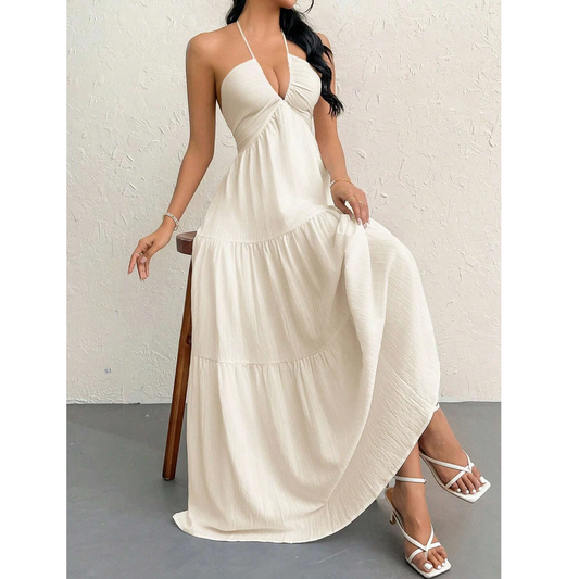 Linen Backless Halter Maxi Dress