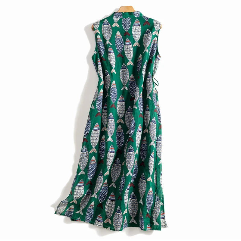 Sleeveless Printed Cotton Midi Dress