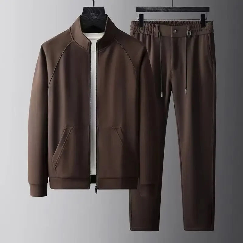 Rovelli men's brown tracksuit with zip jacket and drawstring pants on hanger
