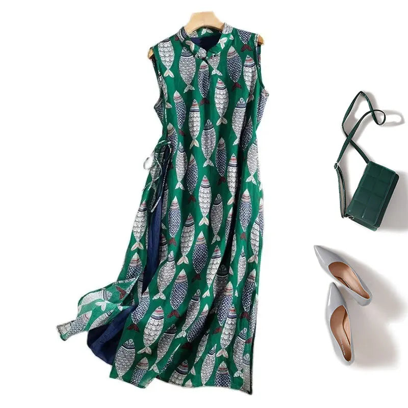 Sleeveless Printed Cotton Midi Dress